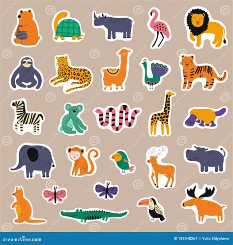 Big Collection with Hand Drawn Colorful Animals Stickers. Stock Vector ...