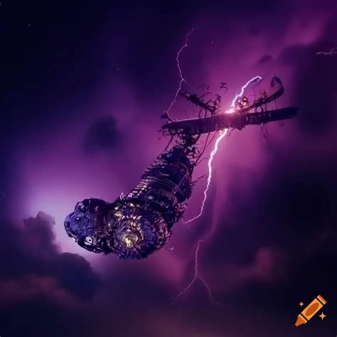 Steampunk space station in purple clouds on Craiyon