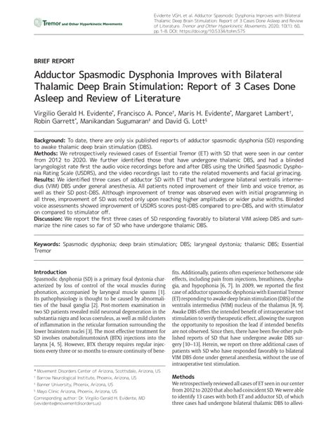 (PDF) Adductor Spasmodic Dysphonia Improves with Bilateral Thalamic Deep Brain Stimulation ...