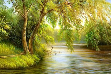 Tree River Bank Summer Landscape Large Wall Mural | Etsy Spring Landscape Photos, Summer ...