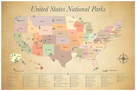 United States National Parks Map, Push Pin Map of the US National Parks