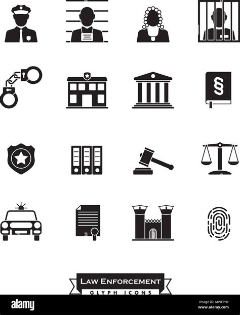 Collection of law enforcement glyph icons. Criminal justice symbols ...