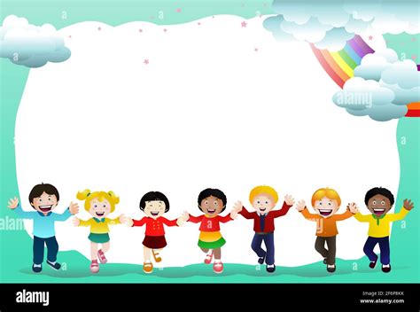 illustration of a group kids on cloud rainbow frame background Stock ...