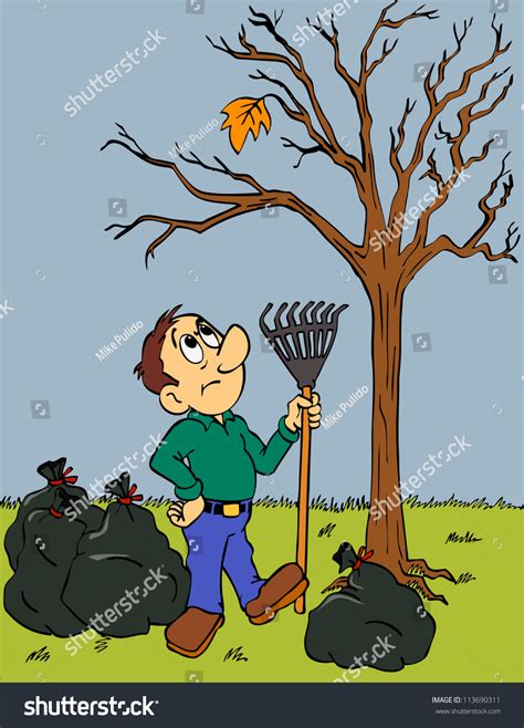 Hand Drawn Cartoon Of A Man Raking Leaves/Autumn Leaves Falling Stock Photo 113690311 : Shutterstock