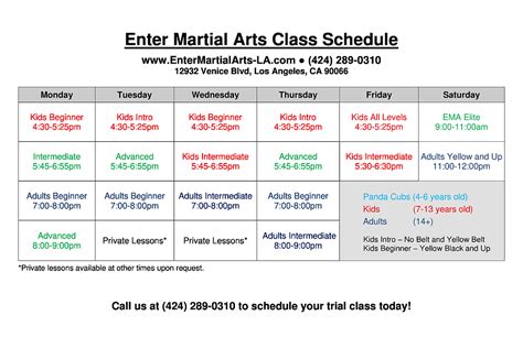 Schedule | Enter Martial Arts | Los Angeles