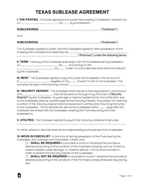 Free Texas Sublease Agreement Template - PDF | Word – eForms