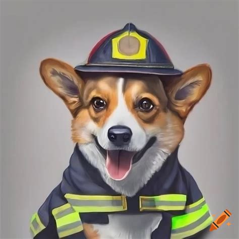 Hyper realistic drawing of a corgi in fireman's outfit on Craiyon