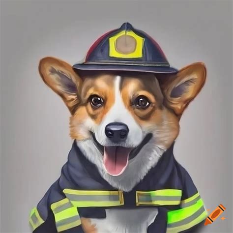 Hyper realistic drawing of a corgi in fireman's outfit on Craiyon