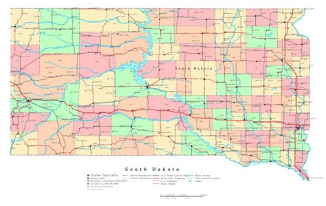 Large detailed administrative map of South Dakota with roads, highways and major cities ...