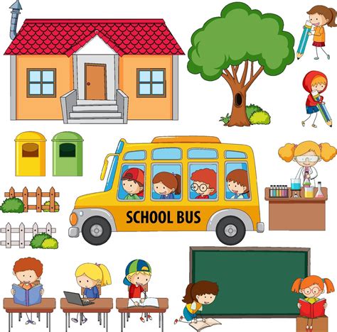 School set with many student cartoon character 2189186 Vector Art at ...