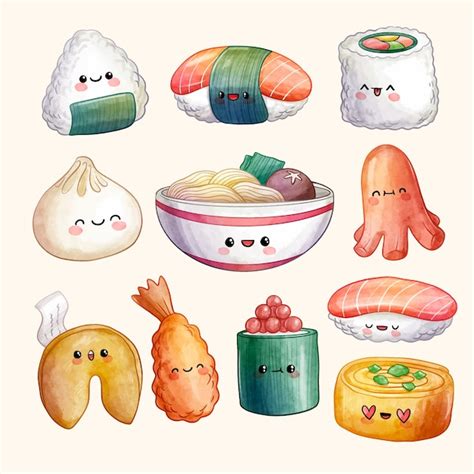 Free Vector | Watercolor kawaii japanese food set