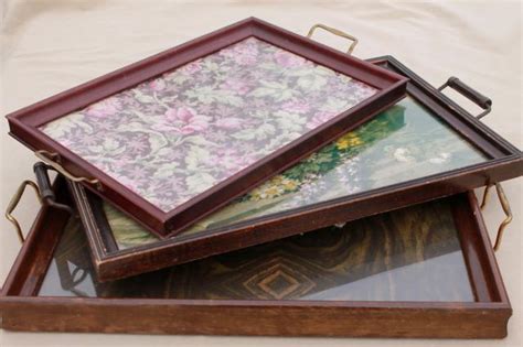 collection of wood frame trays, antique vintage glass topped serving ...