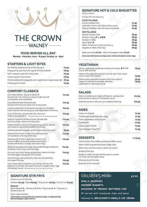 Menu at The Crown pub & bar, Barrow-in-Furness