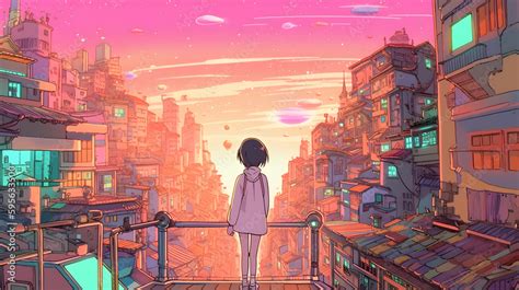 Futuristic Anime Girl in an Asian Metropolis Stock Illustration | Adobe ...