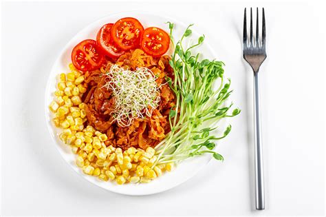 Images Corn Tomatoes Fork Food Plate Vegetables White background