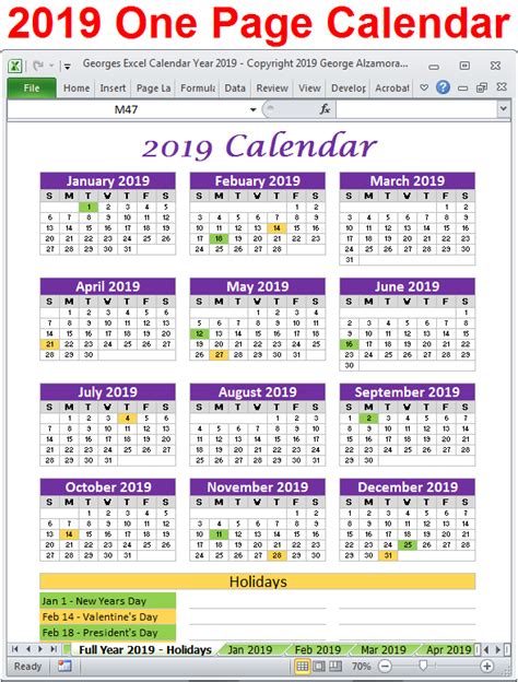 2019 Calendar Printable Yearly Monthly Editable Excel Digital Download ...