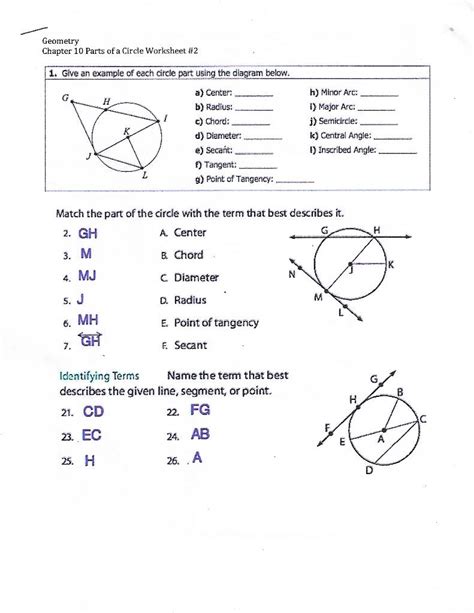 SOLVED: Geometry Chapter 10 Parts of a Circle Worksheet 12 Give an example of each circle part ...