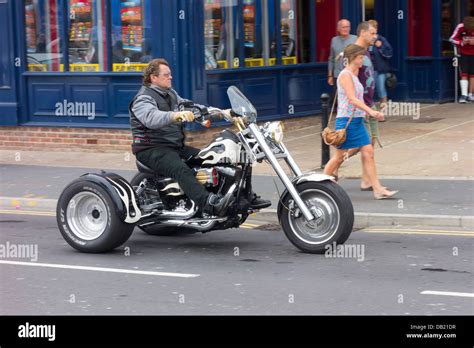 Man riding a custom Motor Tricycle in Whitby North Yorkshire on a ...