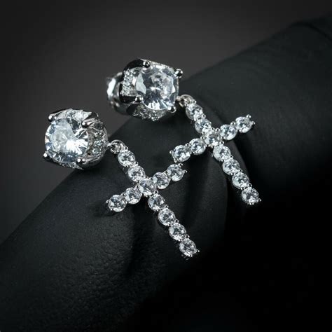 Iced Stud Cross Drop Hanging Huggie Dangle Hoop Sterling Silver Cz Mens ...