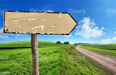 Close Up Old Blank Wooden Directional Sign On Green Grass Field And Country Road Stock Photo ...