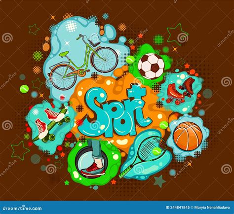 Sports Text and Sports Equipment Set. Graffiti. Vector Illustration Stock Vector - Illustration ...