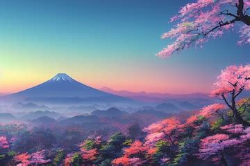 Premium Photo | Japan anime scenery wallpaper featuring beautiful pink cherry trees and mount ...