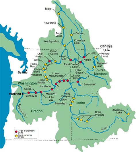 ♥ Map of the Columbia River basin with dams highlighted