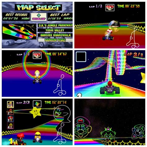 Mario Kart 64 Courses: Rainbow Road Screenshots | Rainbow road mario kart, Mario kart, Mario games