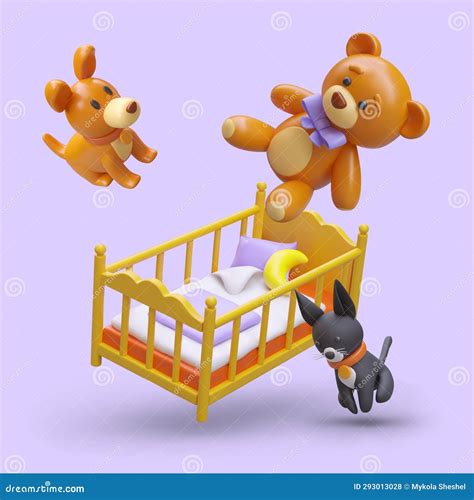 Different Products for Children. 3d Realistic Teddy Bear, Cute Dog and Cat Near Baby Crib Stock ...