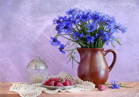 * Still Life *, blue, still life, graphy, vase, flowers, raspberry HD ...