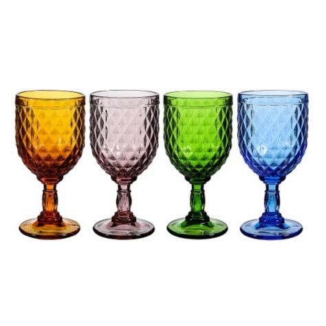 Vintage Style Colored Glass Water Goblet Set of 4 Multi Colors Drinking Glasses (11 OZ), 11 OZ ...