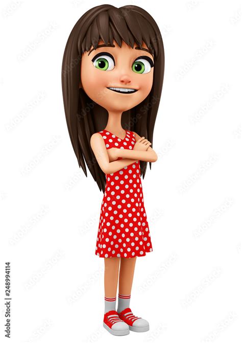 Cartoon character girl in red on a white background. 3d rendering ...