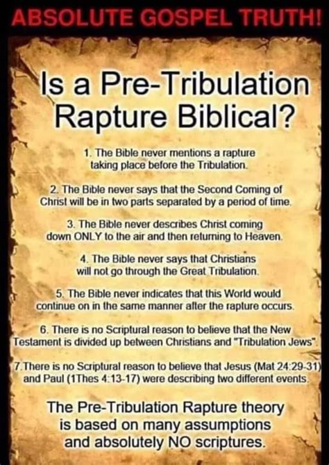 ABSOLUTE GOSPEL TRUTH! \Is a Pre-Tribulation Rapture Biblical? 1. The Bible never mentions a ...