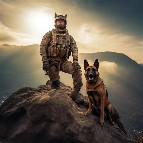 Premium AI Image | A soldier and his dog are standing on a rock in ...