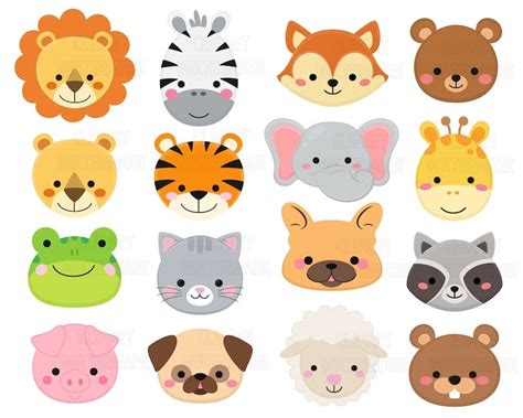 Animal Faces Clipart, Safari Animals, Cats, Dogs, Bears, Lamb, Pigs ...