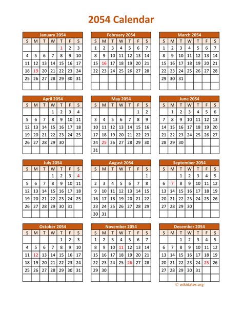 Full Year 2054 Calendar on one page | WikiDates.org