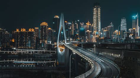 city, night, 4K, bridge, Chongqing, Asia, China, lights HD Wallpaper