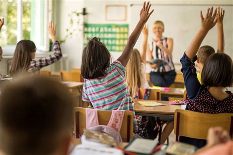 Rear view of elementary students with raised hands in classroom. - Massachusetts Appleseed