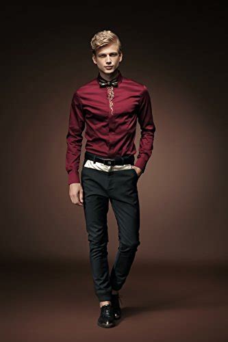 FANZHUAN Long Sleeve Shirts for Men Wine Red Wedding Dress Shirt Slim Fit - FrenzyStyle