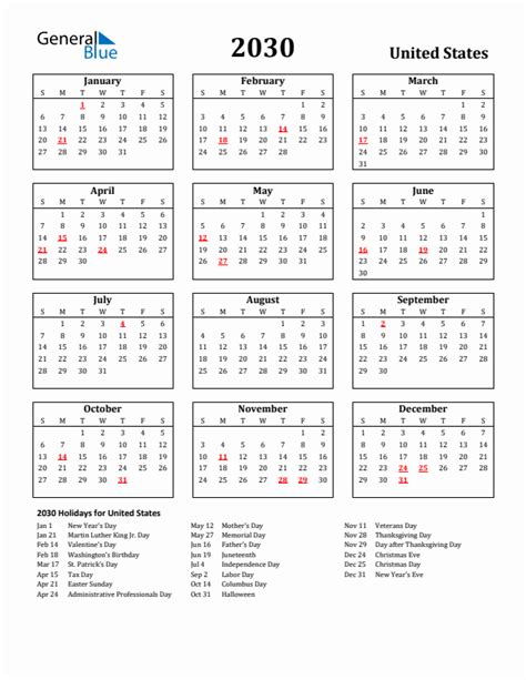 Free Printable 2030 United States Holiday Calendar