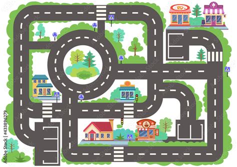 Map with city road. Kids maze game. Wallpaper or carpet for children room. Board game with car ...