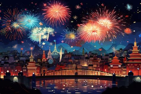 New year fireworks night architecture. | Free Photo Illustration - rawpixel