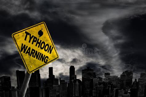 Typhoon Warning Sign Against City Silhouette with Copy Space Stock ...