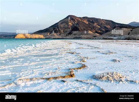 Africa, Djibouti, Lake Assal. Salt crystals emerging from the water with mountains in the ...