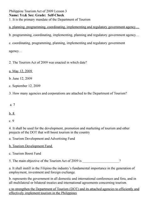 Philippine Tourism Act of 2009 Lesson 1 - BS Tourism - PUP - Studocu