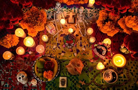 Mexican Day of the Dead Altar (Dia De Muertos) Stock Photo - Image of offering, bone: 34691242