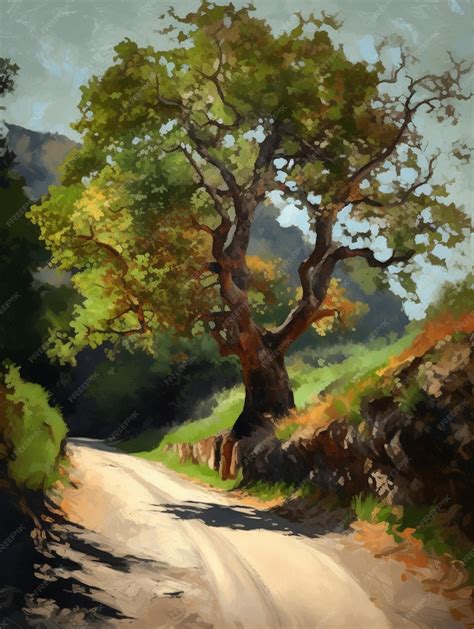 Premium AI Image | A painting of a tree on a dirt road