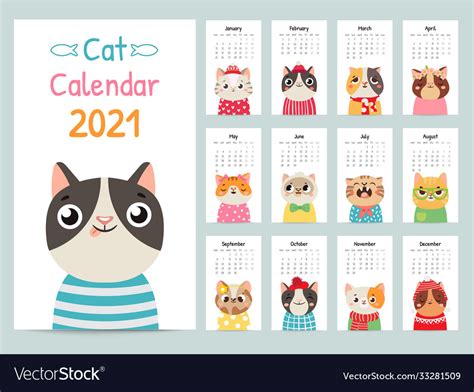 Cat calendar color gift 2021 calendar with cute Vector Image