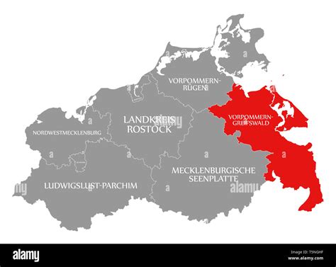 Vorpommern-Greifswald county red highlighted in map of Western Pomerania Germany Stock Photo - Alamy