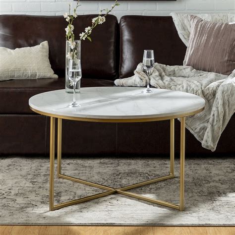 Ember Interiors Modern Round Coffee Table, Faux White Marble/Gold - Walmart.com